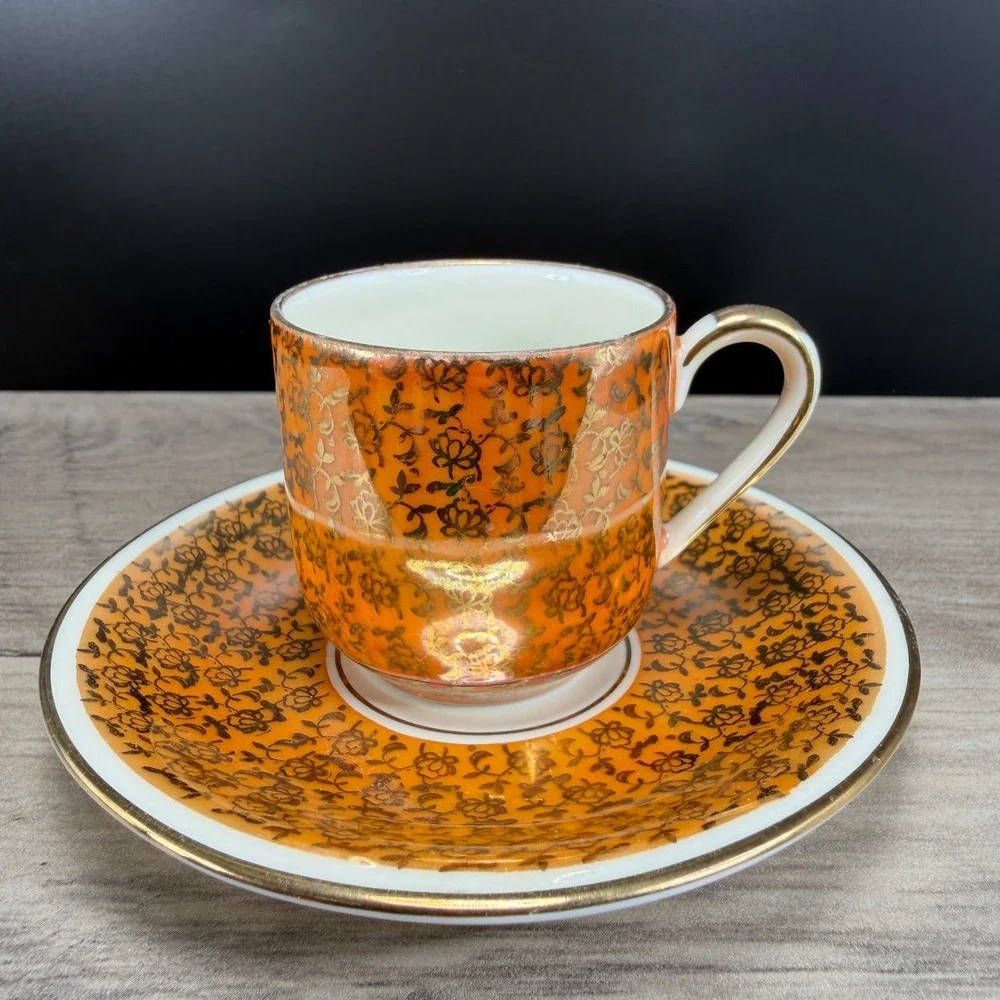 Alka Bavaria Germany Demitasse Cup Saucer‎ Set Orange Luster Gold Filigree VTG
